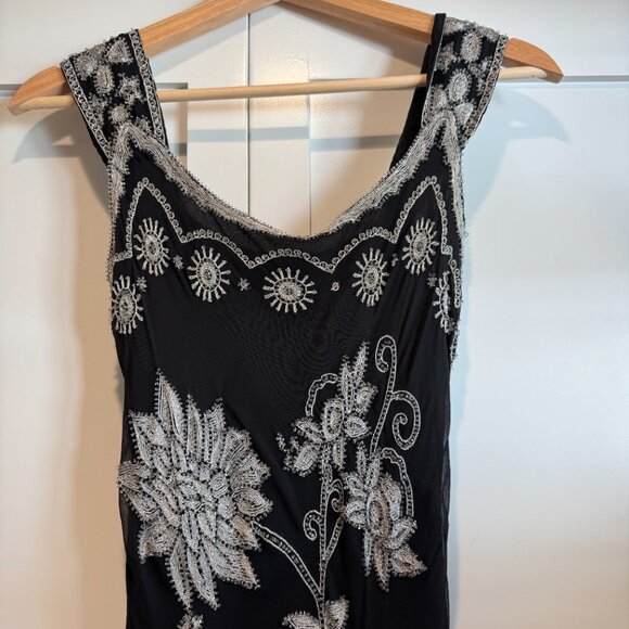 Adrianna Papell Y2K Silk Beaded Maxi Dress Black Floral Embroidery 0/XS - Picture 5 of 12